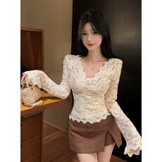 批发实拍加绒镂空蕾丝V领性感修身<b class='q'>长袖</b>打底衫