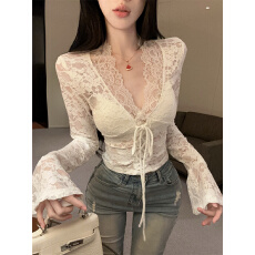批发实拍纯欲镂空性感蕾丝V领绑带喇叭袖内搭打底衫上衣