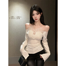 批发实拍纯欲蕾丝拼接一字肩露肩<b class='q'>修身</b>内搭打底衫上衣