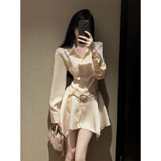 批发实拍法式珠光缎面<b class='q'>翻领</b>单排扣收腰不规则衬衫<b class='q'>连衣裙</b>含腰带