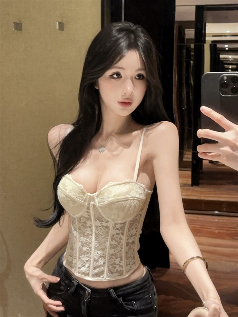 실사 핫걸 레이스 섹시함 생선뼈 아름다움 뒤로 캐미솔 벨트 가슴 패드
