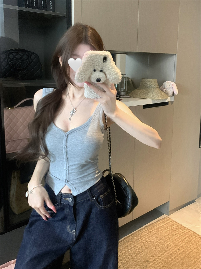 실사 다용도 섹시함 V넥 싱글 줄 버튼 조끼 벨트 가슴 패드 캐미솔