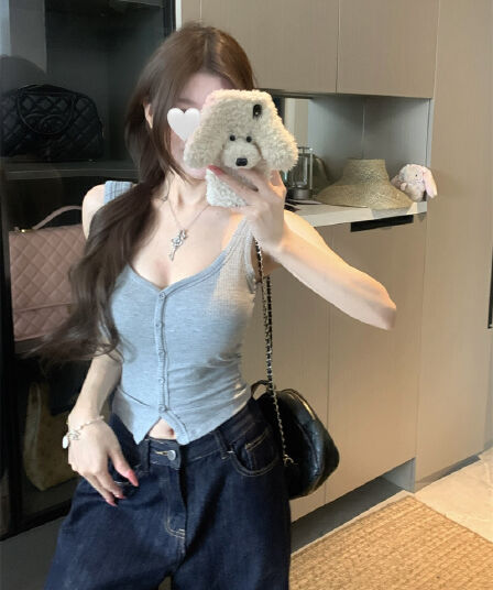 실사 다용도 섹시함 V넥 싱글 줄 버튼 조끼 벨트 가슴 패드 캐미솔