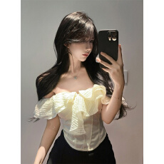 批发实拍法式一字肩荷叶边收腰<b class='q'>露肩</b>衬衫