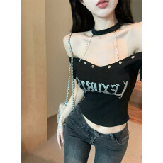 批发实拍甜辣风<b class='q'>露肩</b>链条挂脖一字领短袖T恤<b class='q'>上衣</b>