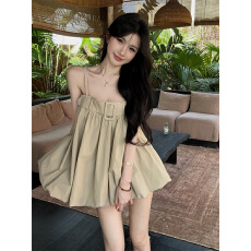 批发实拍设计感卡其色吊带花苞<b class='q'>宽松</b>吊带衬衫上衣