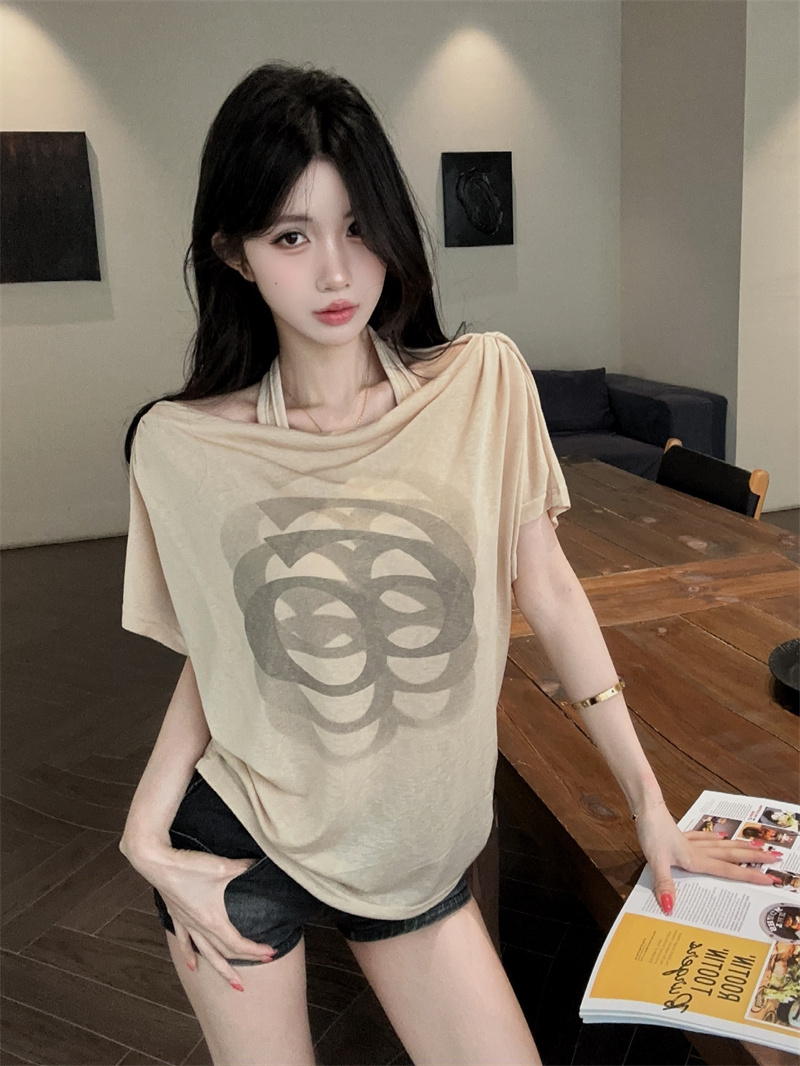 실사 한 부서 순수한 욕망 페이크 레이어드 행침 목 오프숄더 프린트 루즈핏 얇은 스타일 반팔 티셔츠 맨위