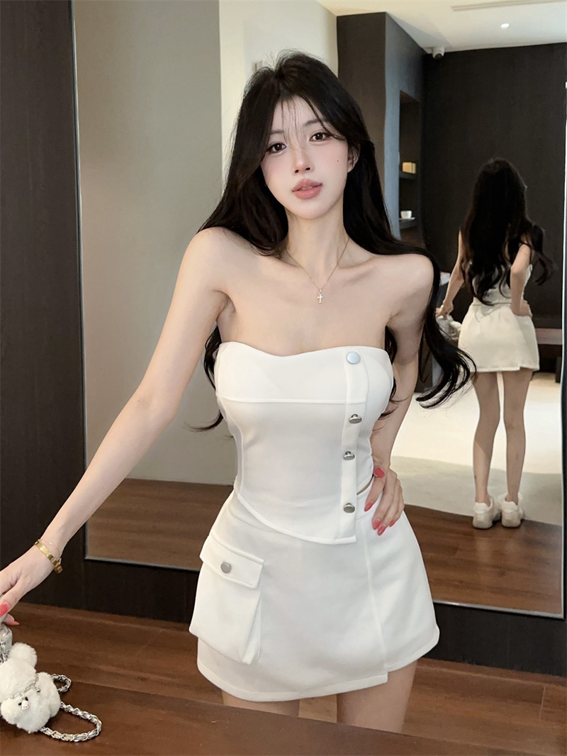 실사 품격 몸매 가꾸기 튜브탑 맨위 타이트 스커트 반신 미니 스커트 투피스 세트