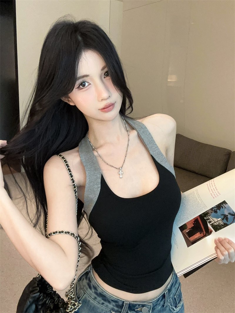 실사 레트로 핫걸 배색 행침 목 캐미솔 섹시함 백리스 맨위
