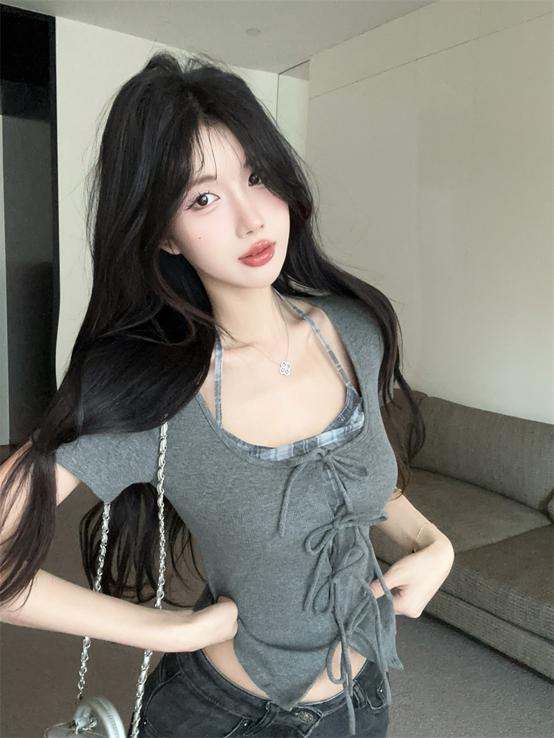 실사 아메리칸 달콤함 페이크 레이어드 작은 셔츠 패치워크 체크무늬 행침 목 몸매 가꾸기 반팔 맨위