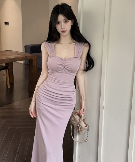 실사 프랑스식 부드러운 광장 칼라 슬립 타이트 스커트 슬림해 보이는 품격 점프 슈트 롱 스커트