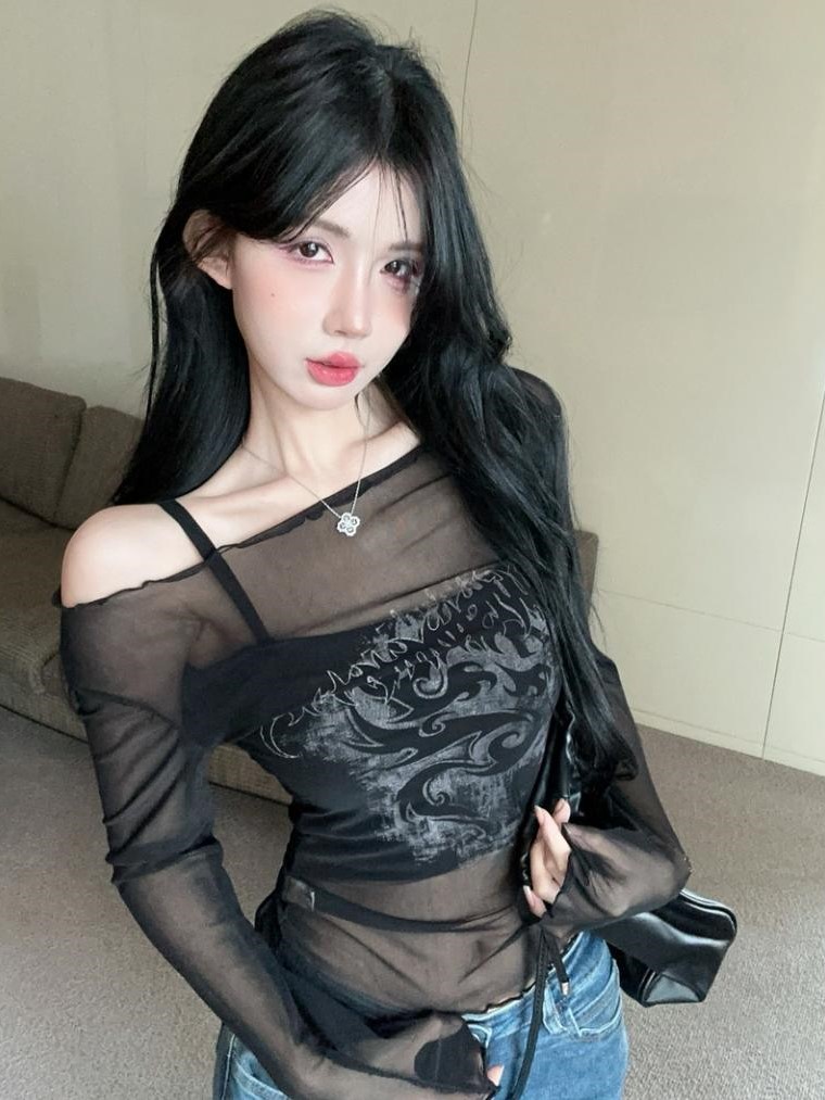 실사 아메리칸 순수한 욕망 슬립 오프숄더 망사 자외선 차단 의류 투피스 세트 슬림해 보이는 핫걸 맨위