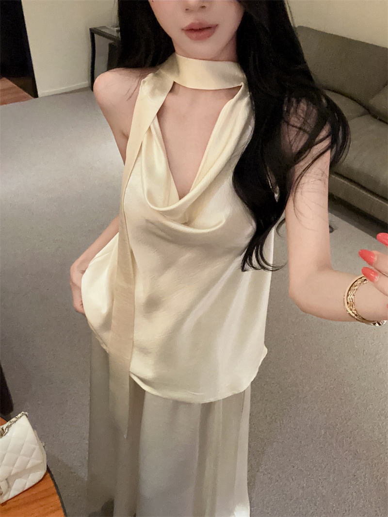 실사 프랑스식 품격 고급 새틴 흔들다 칼라 행침 목 리본 반신 롱 스커트 투피스 세트