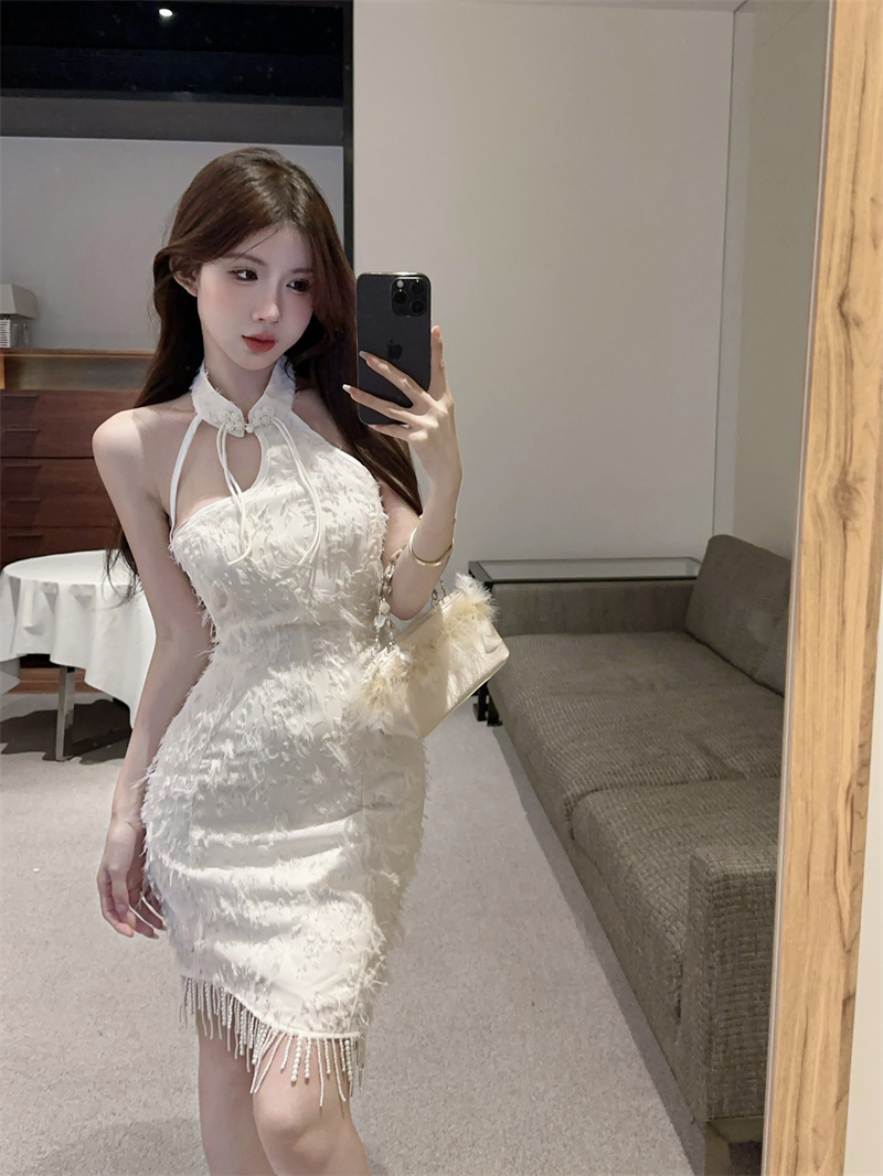 실사 무거운 작업 비즈 박기 새로운 중식 개선 치파오 스탠드 칼라 술 행침 목 타이트 스커트 점프 슈트 미니 스커트