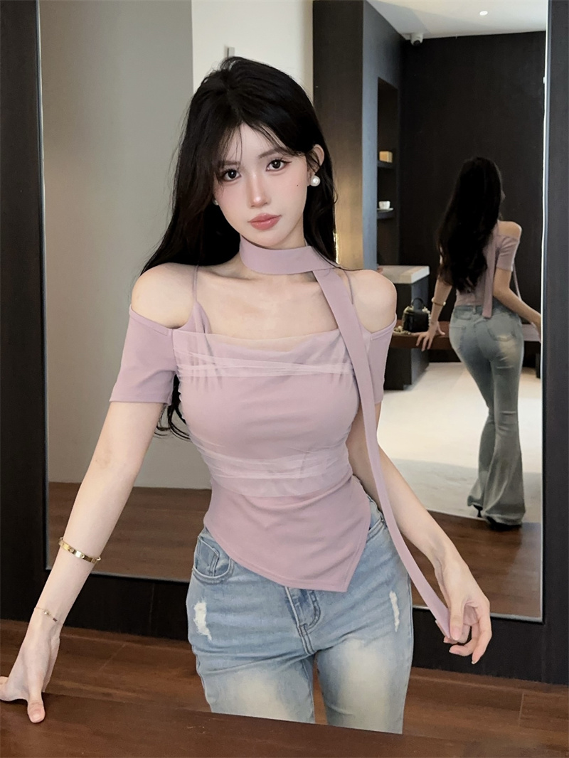 실사 다용도 순수한 욕망 리본 슬림해 보이는 오프숄더 패치워크 망사 몸매 가꾸기 반팔 맨위