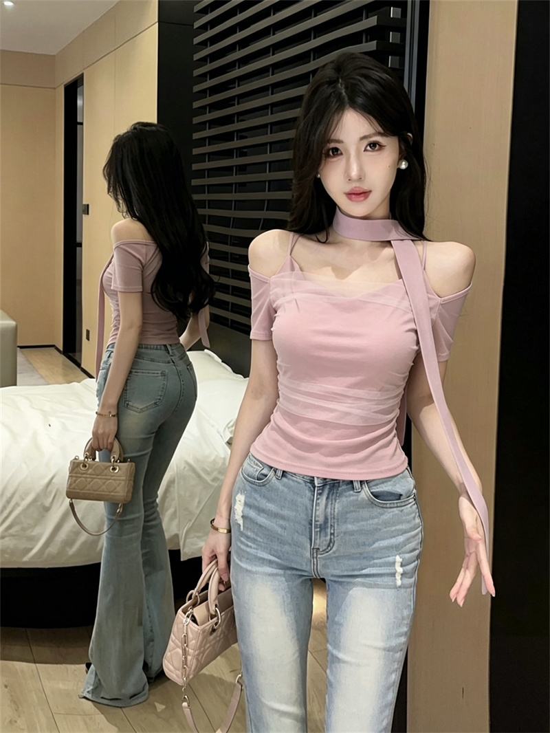 실사 다용도 순수한 욕망 리본 슬림해 보이는 오프숄더 패치워크 망사 몸매 가꾸기 반팔 맨위