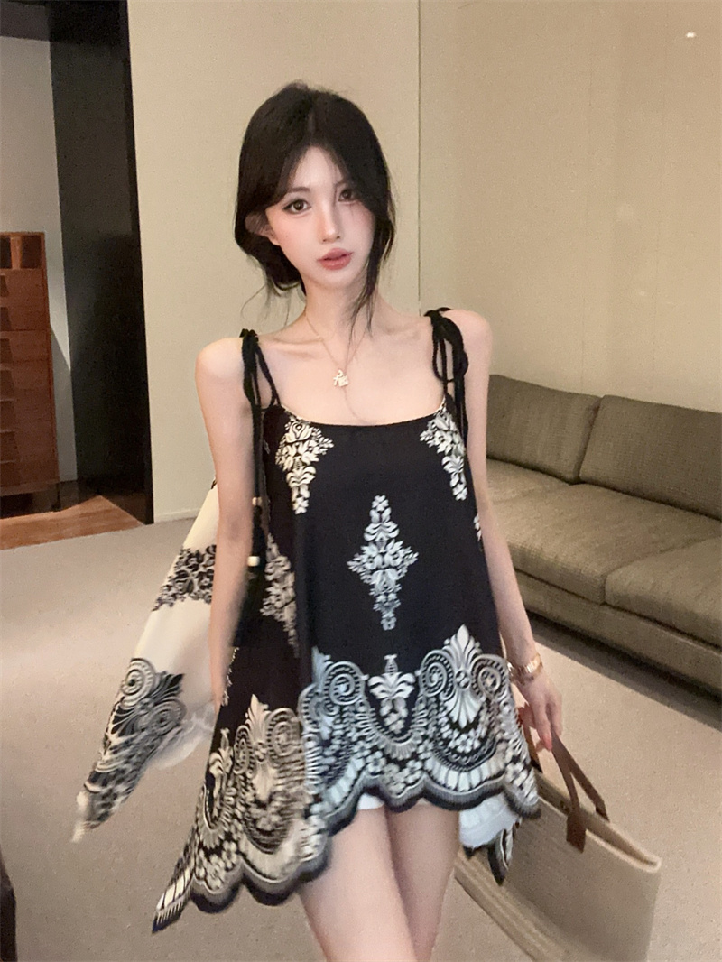 실사 휴가 민족 스타일 레트로 프린트 배색 불규칙 루즈핏 슬립 맨위 양면 착용