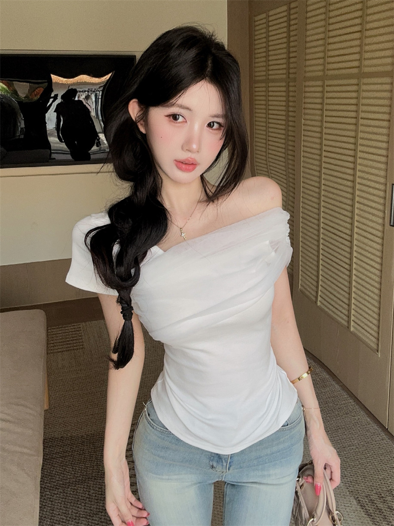 실사 한 부서 망사 패치워크 디자인 센스 비스듬한 어깨 주름 오프숄더 반팔 맨위