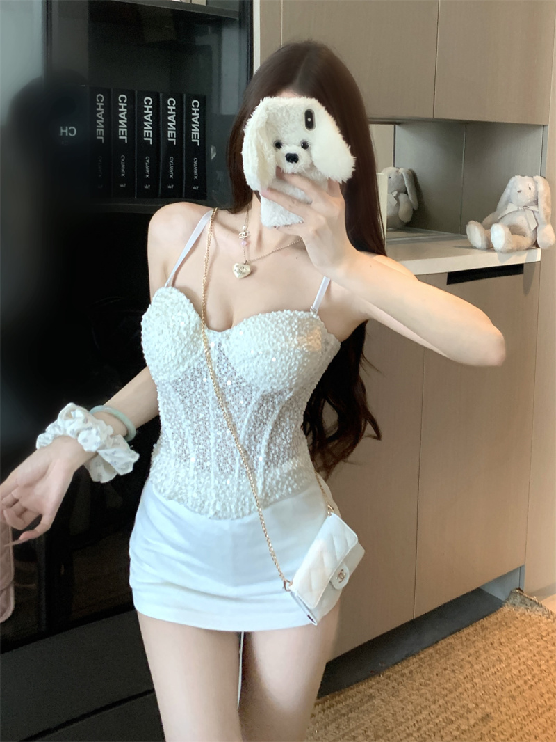 실사 프랑스식 품격 무거운 작업 스팽글 생선뼈 몸매 가꾸기 조끼 슬립 맨위