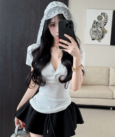 실사 디자인 센스 패치워크 레이스 후드 V넥 반팔 티셔츠