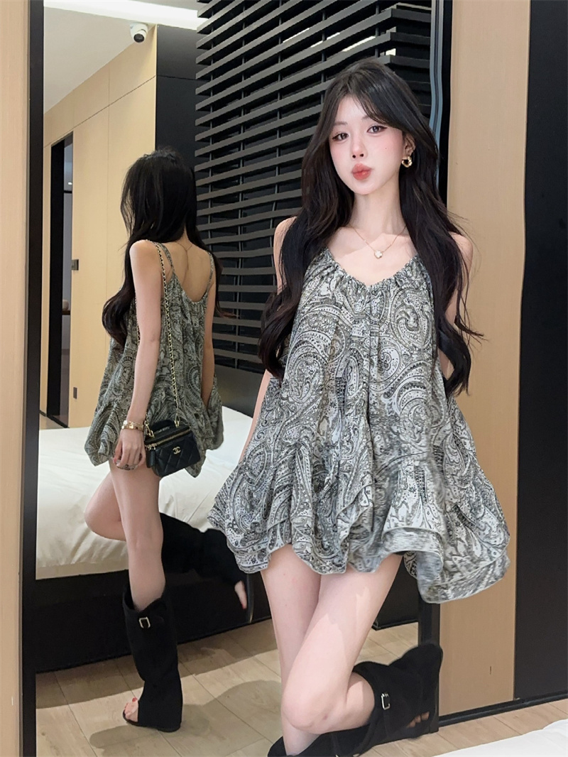 실사 레트로 휴가 프린트 V넥 펌프 로프 불규칙 슬립 루즈핏 민소매 맨위