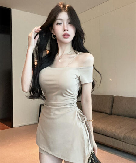 실사 순수한 욕망 핫걸 오프숄더 슬립 반팔 티셔츠 드레스 레깅스 투피스 세트