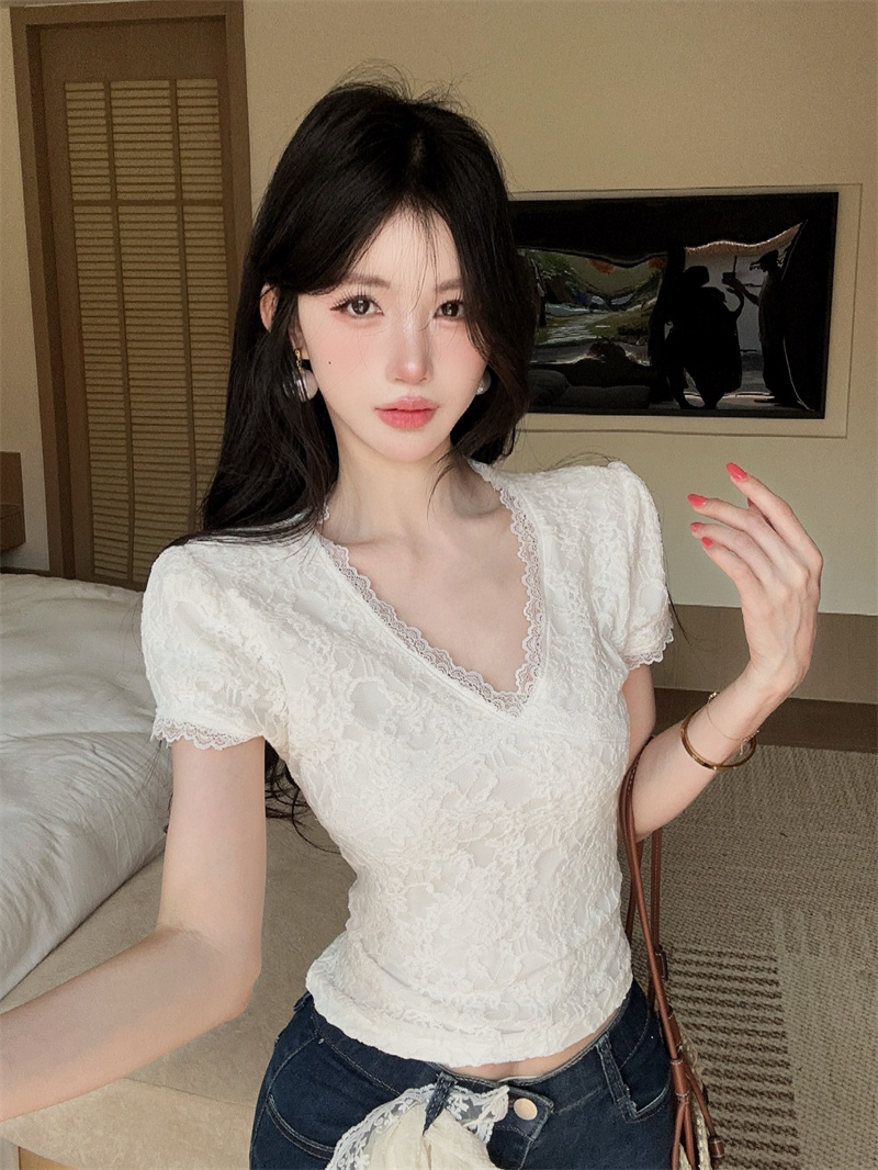 실사 품격 부드러운 레이스 조각 반팔 V넥 슬림해 보이는 몸매 가꾸기 켜기 벨트 안감 안감