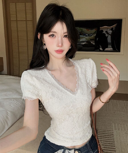 실사 품격 부드러운 레이스 조각 반팔 V넥 슬림해 보이는 몸매 가꾸기 켜기 벨트 안감 안감