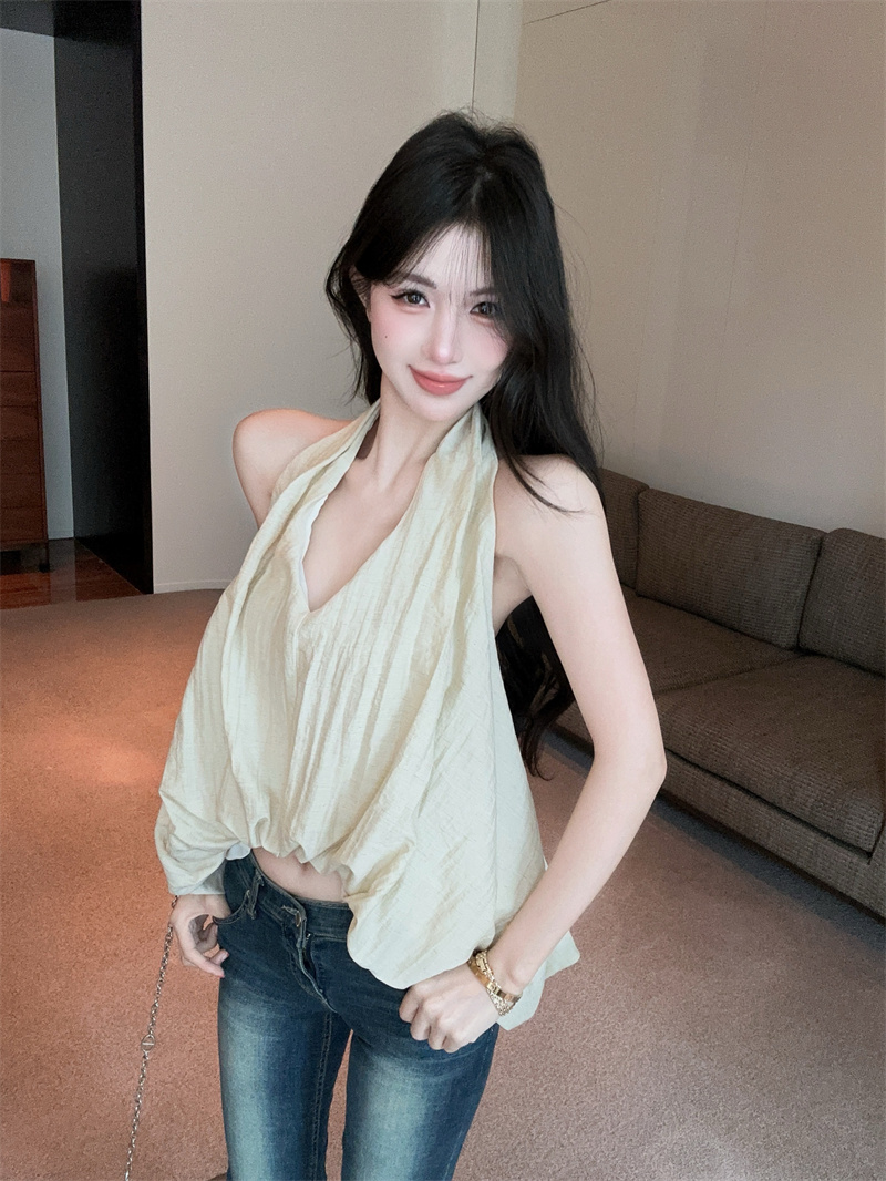 실사 품격 불규칙 V넥 행침 목 백리스 꽃밭 조끼 민소매 맨위