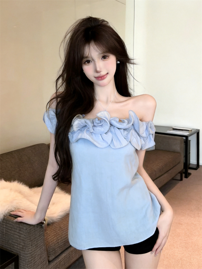 실사 한국 스타일 프릴 오프숄더 프랑스식 셔츠 맨위