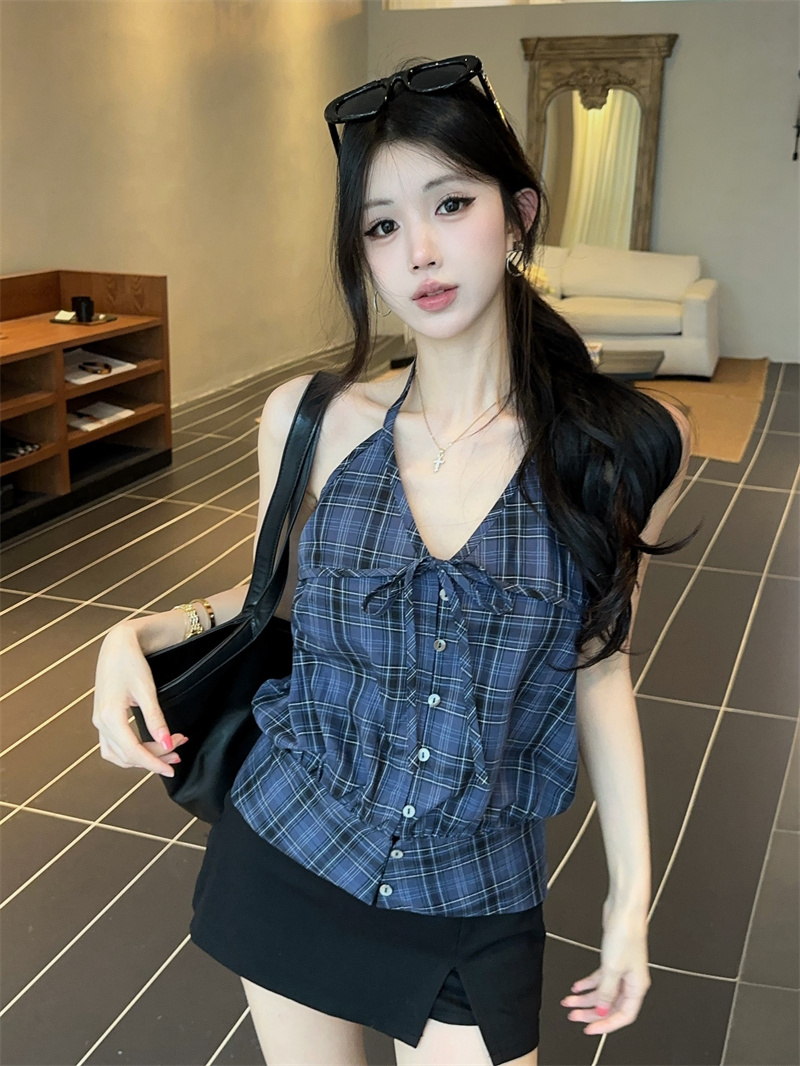 실사 레트로 체크무늬 한 부서 행침 목 레이스업 싱글 줄 버튼 V넥 백리스 셔츠 슬립 민소매 맨위