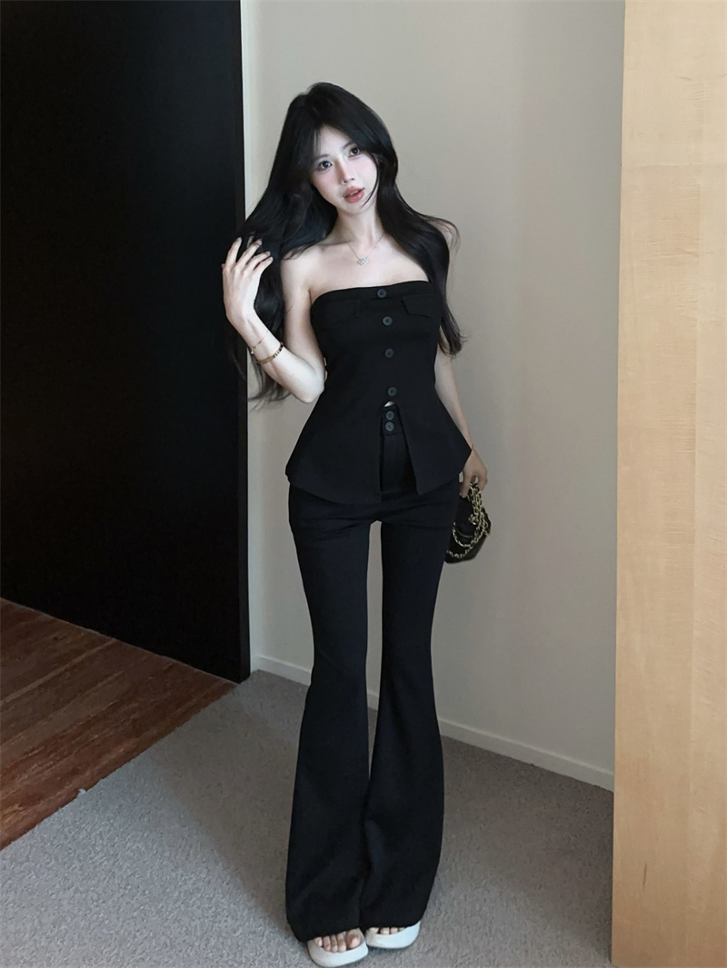 실사 아메리칸 오프숄더 트임 튜브탑 맨위 핫걸 나팔 바지 세트