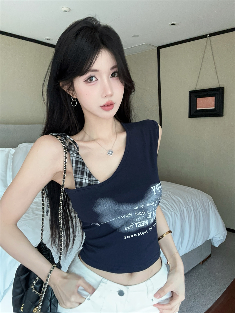 실사 알파벳 프린트 민소매 한국 스타일 비스듬한 어깨 패치워크 체크무늬 핫걸 디자인 센스 조끼 맨위