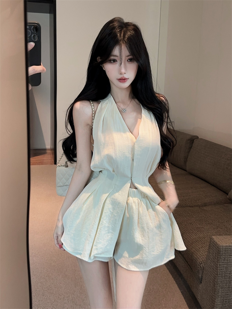 BY26540# 棉麻无袖收腰系带背心短裤两件套  服裝批發女裝批發服飾貨源
