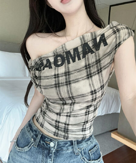 실사 레트로 체크무늬 오프숄더 불규칙 민소매 핫걸 비스듬한 어깨 의류