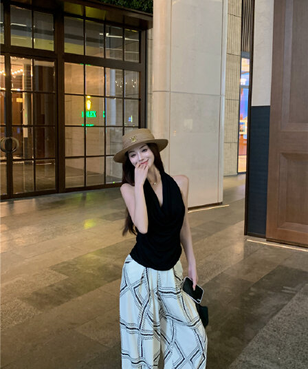 실사 행침 목 민소매 맨위 아마 질감 센스 오래된 돈 바람 품격 루즈핏 넓은 다리 캐주얼 바지 투피스 세트