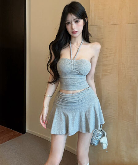 실사 순수한 욕망 소녀 레이스업 튜브탑 행침 목 캐미솔 하이웨이스트 반신 스커트 투피스 세트