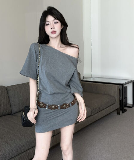 실사 회색 비스듬한 어깨 타이트 스커트 반팔 오프숄더 점프 슈트 치마 벨트