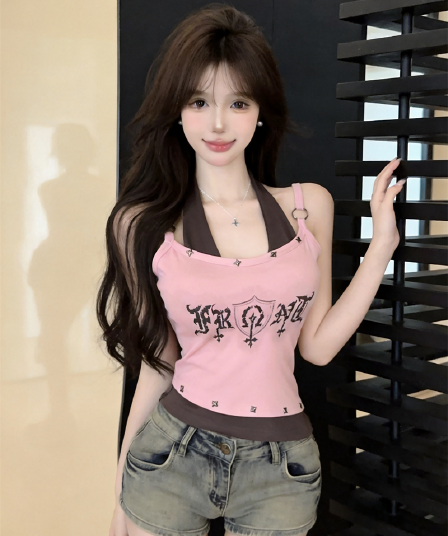 실사 페이크 레이어드 배색 알파벳 프린트 행침 목 슬림해 보이는 핫걸 캐미솔 맨위