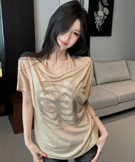 실사 한 부서 순수한 욕망 페이크 레이어드 행침 목 오프숄더 프린트 루즈핏 얇은 스타일 반팔 티셔츠 맨위
