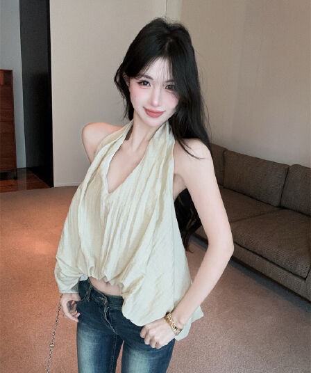 실사 품격 불규칙 V넥 행침 목 백리스 꽃밭 조끼 민소매 맨위