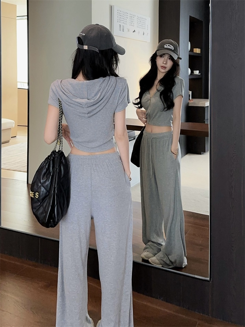 BY29443# 休闲连帽短袖运动上衣抽绳直筒拖地裤两件套 服裝批發女裝批發服飾貨源