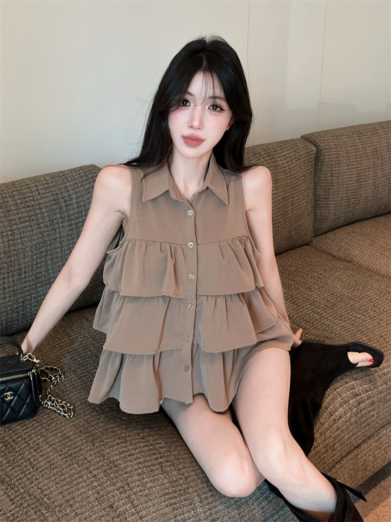 BY29441# 法式甜美荷叶边翻领无袖宽松衬衫上衣 服裝批發女裝批發服飾貨源