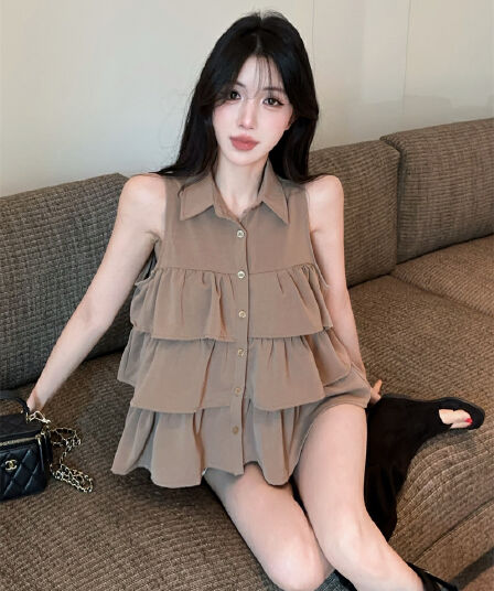 실사 프랑스식 달콤함 프릴 폴로 칼라 민소매 루즈핏 셔츠 맨위