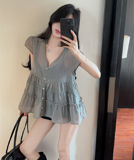 실사 한 부서 부드러운 면 린넨 연령 감소 V넥 패치워크 목이버섯 달콤함 셔츠 맨위