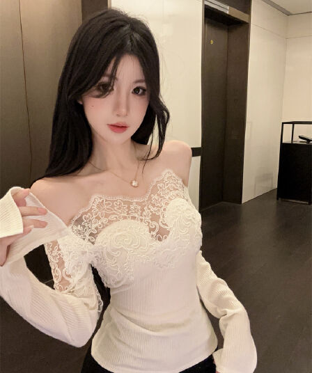 실사 순수한 욕망 레이스 조각 오프숄더 오프숄더 몸매 가꾸기 인사이드 가져 가라. 기본 셔츠 맨위