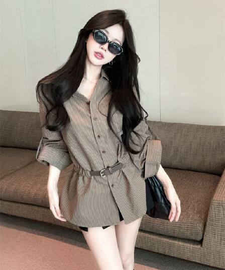 실사 레트로 POLO 칼라 루즈핏 느긋한 스트라이프 허리 수축 품격 셔츠