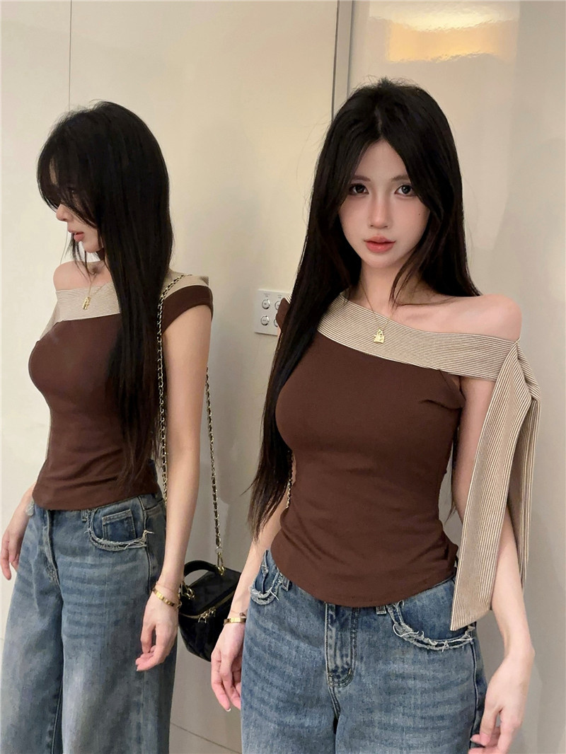 撞色一字肩飘带设计气质收腰百搭T恤上衣  服裝批發女裝批發服飾貨源
