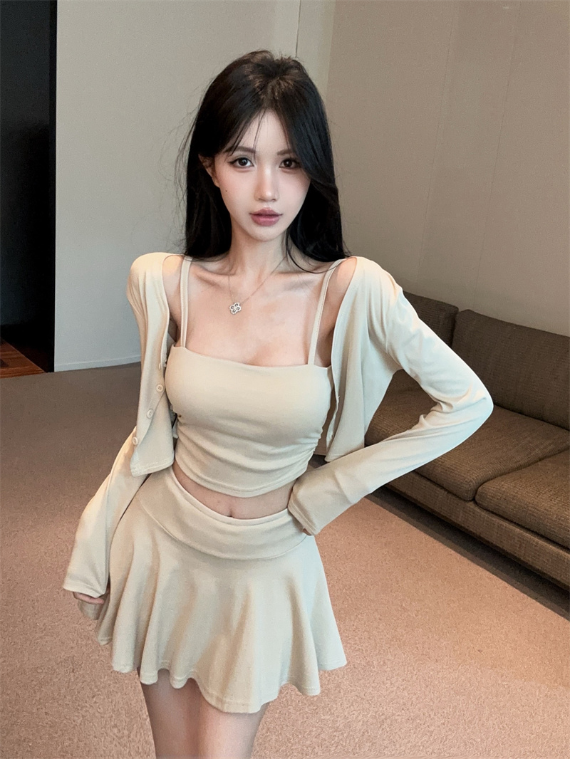 纯欲风性感辣妹吊带防晒开衫半身裙带防走光打底裤三件套  服裝批發女裝批發服飾貨源