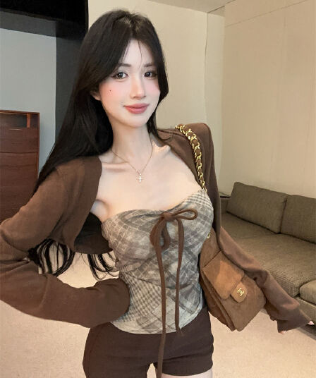 실사 한 부서 순수한 욕망 핫걸 작은 대중 체크무늬 튜브탑 벨트 가슴 패드 조끼 긴팔 카디건 코트 투피스 세트
